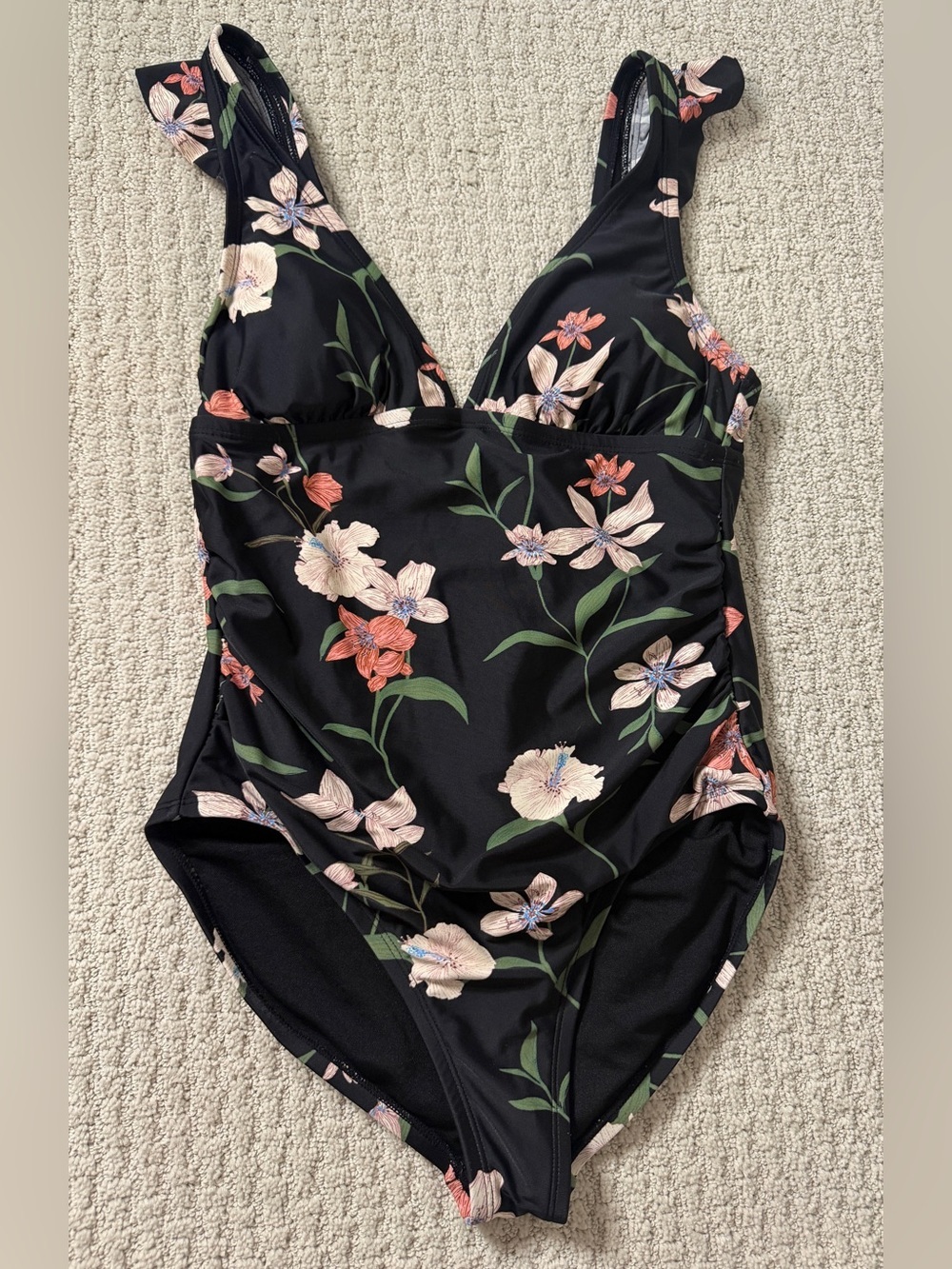 Shade & Shore Black Floral One-Piece Swimsuit with Pink and Cream Blooms